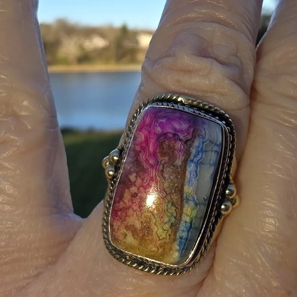 Crazy Lace Gemstone Ring in 925 Sterling Silver w/ Gold Vermeil Accents (7)